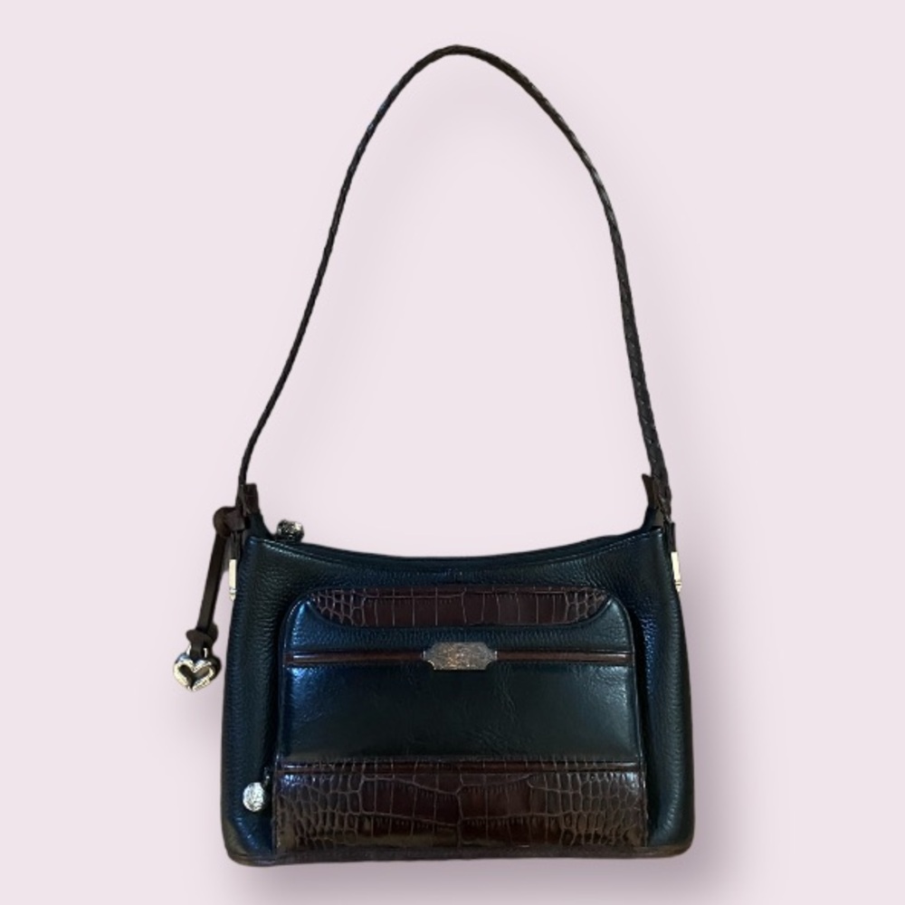 Vintage 90s Brighton Black & Brown Leather Tote Shoulder Bag with Braided Strap